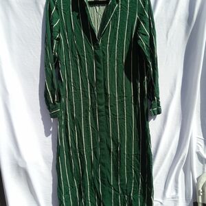 H&M Dark Green Button-Down Long Shirt with Cream Stripes